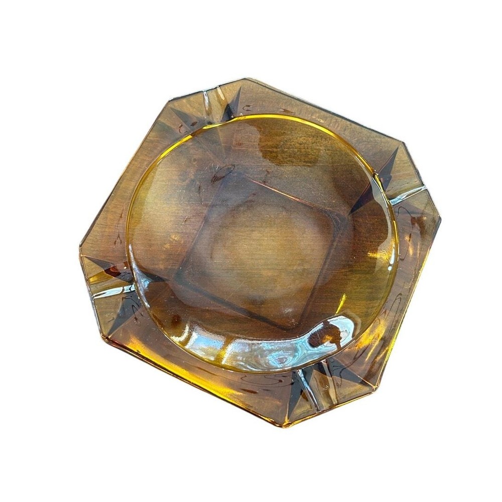 Vintage Amber Glass Square Ashtray Mid Century Modern‎ Geometric Retro Barware